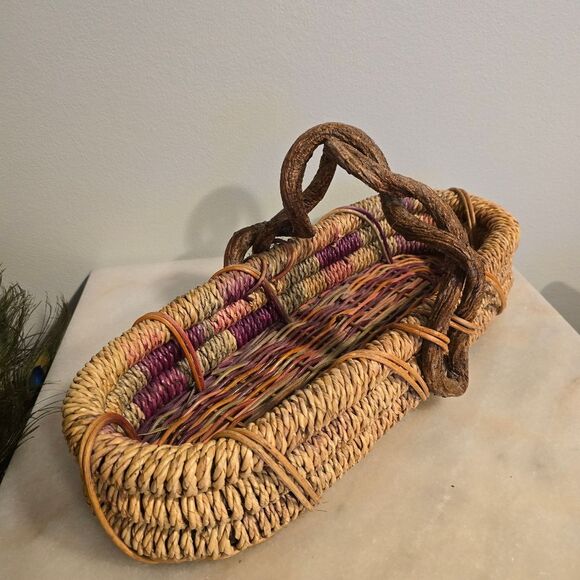 Vintage Woven Willow Gathering Basket with Driftwood Handle - Picture 1 of 11